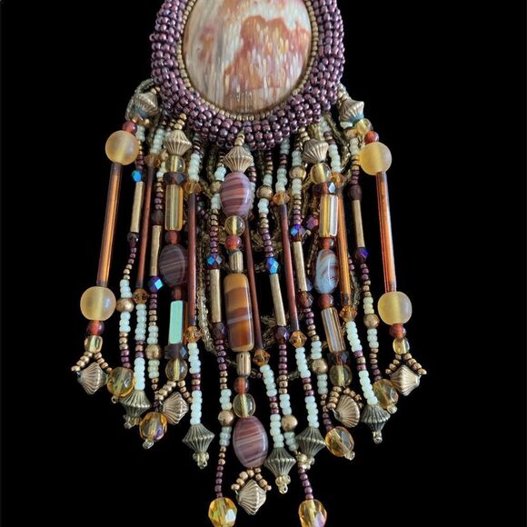 Vintage Artist hand beaded picture agate and banded agate western design brooch - Picture 8 of 9